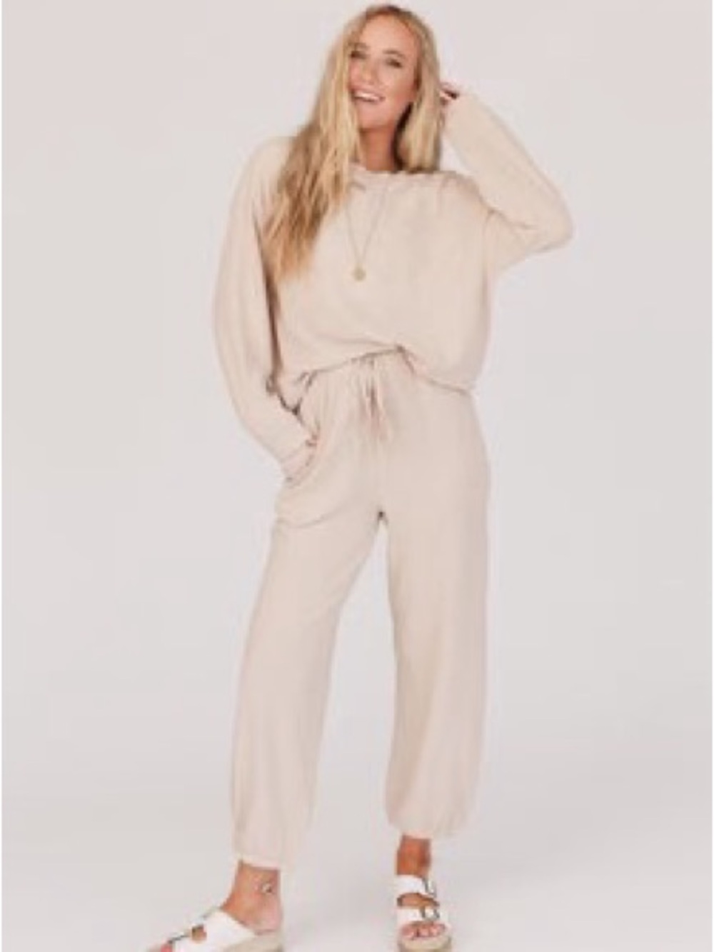 NWT Three Bird Nest Calling The Shots Waffle Knit Set Medium Beige Joggers Top